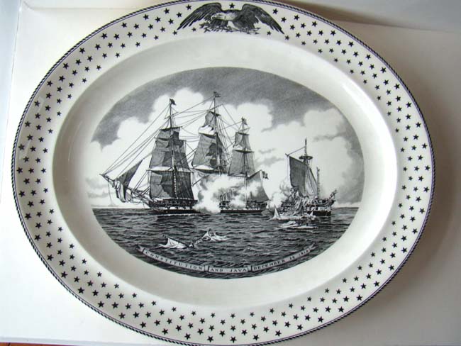 A large Wedgewood Platter made for American Heritage in 1969 depicting the Naval Battle between the CONSTITUTION and HMS JAVA, Dec. 29, 1812.